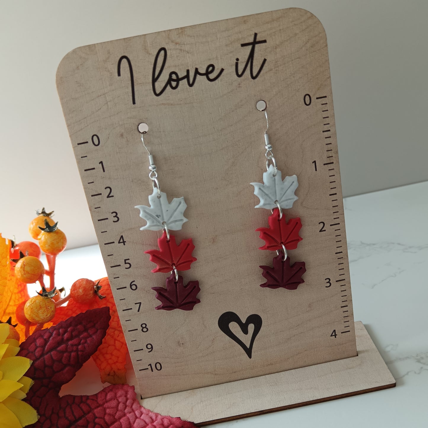 White, Red & Burgundy Maple Leaf Hook Earrings