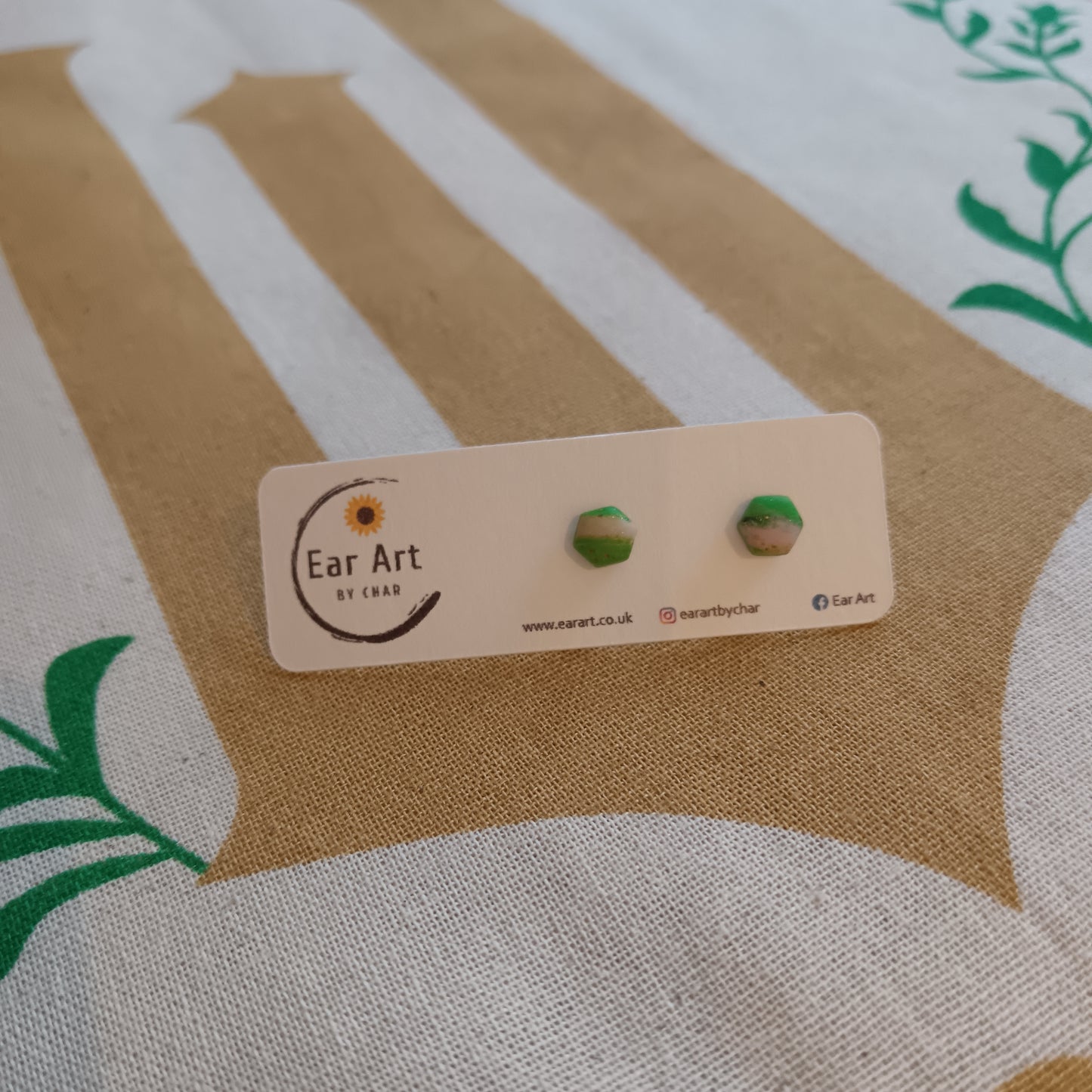 Micro Green & Pink Hexagon Stud Earrings