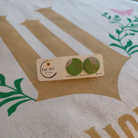 Green & Pink Red Glitter Circle Stud Earrings