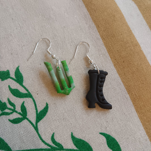 Green & Pink Witch Boot Hook Earrings