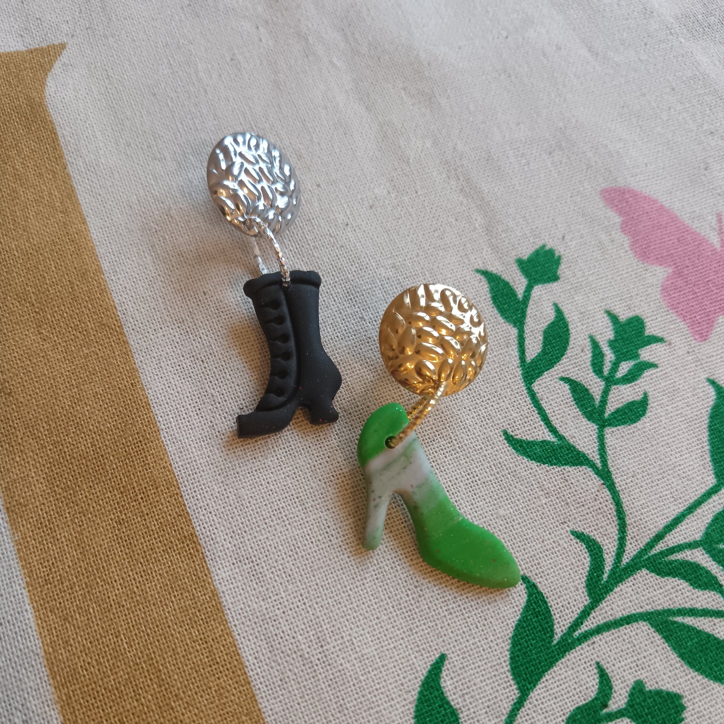 Green & Pink Witch Boot & Shoe Dangle Stud Earrings