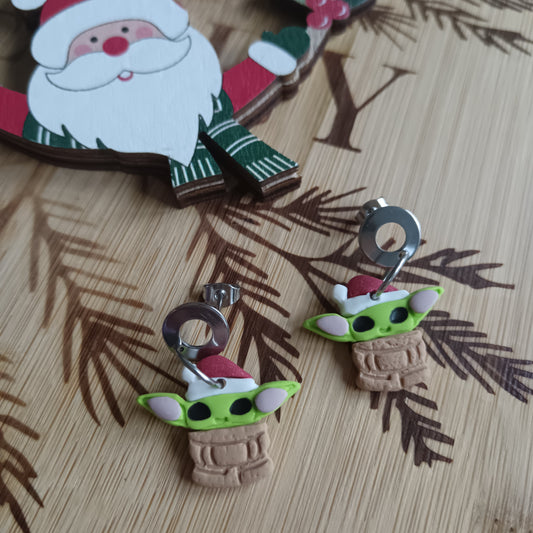 Baby Green Alien Santa Dangle Stud Earrings
