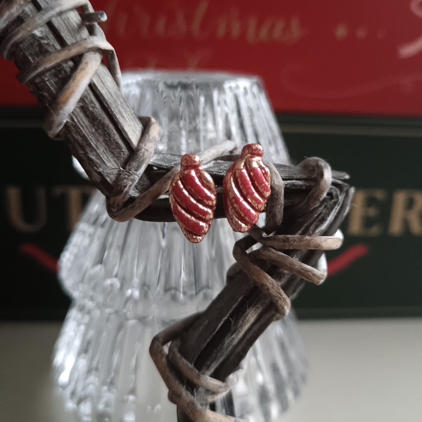 Christmas Bauble Red & Gold Stud Earrings