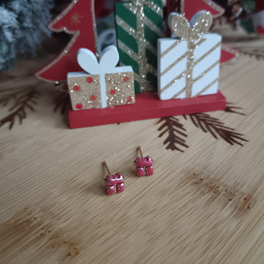 Micro Christmas Present Red & Gold Stud Earrings