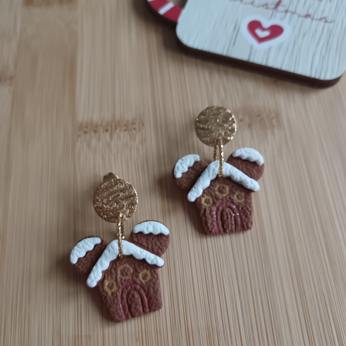 Gingerbread Mouse Cottage Gold Dangle Stud Earrings