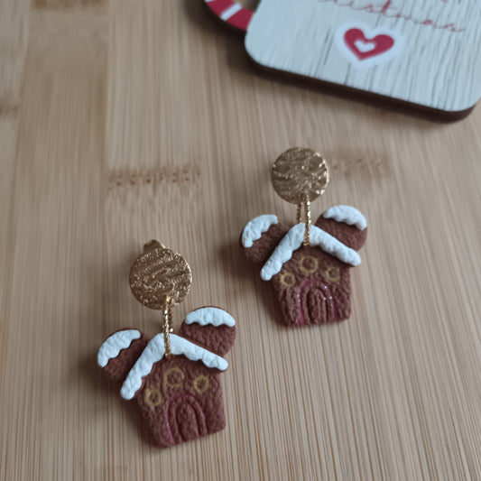 Gingerbread Mouse Cottage Gold Dangle Stud Earrings