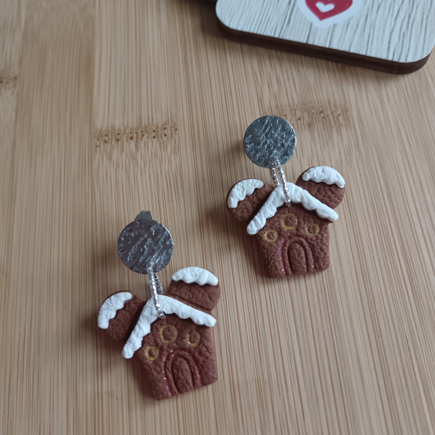 Gingerbread Mouse Cottage Silver Dangle Stud Earrings