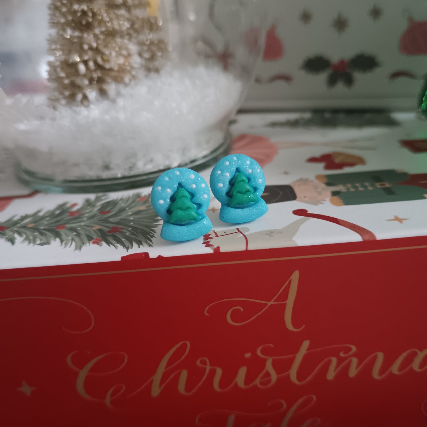 Christmas Tree Snow Globe Stud Earrings