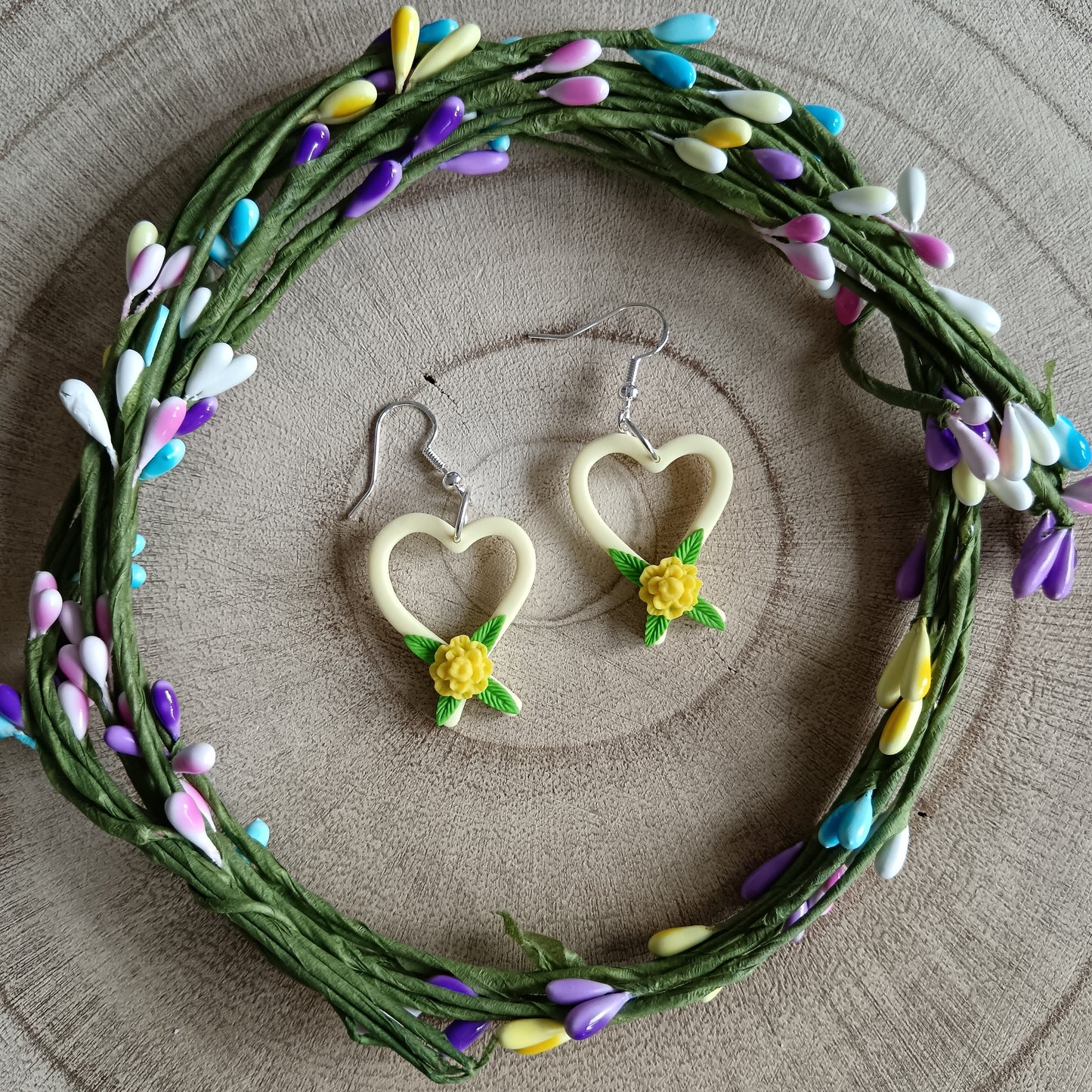 Yellow Chrysanthemum Heart Dangle Hook Earrings