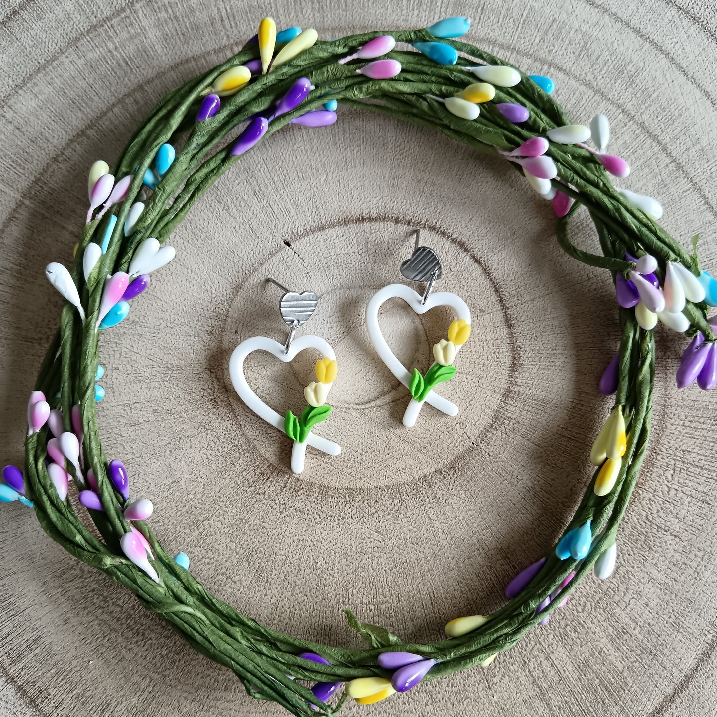 Yellow Tulip Heart Dangle Stud Earrings