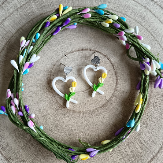 Yellow Tulip Heart Dangle Stud Earrings