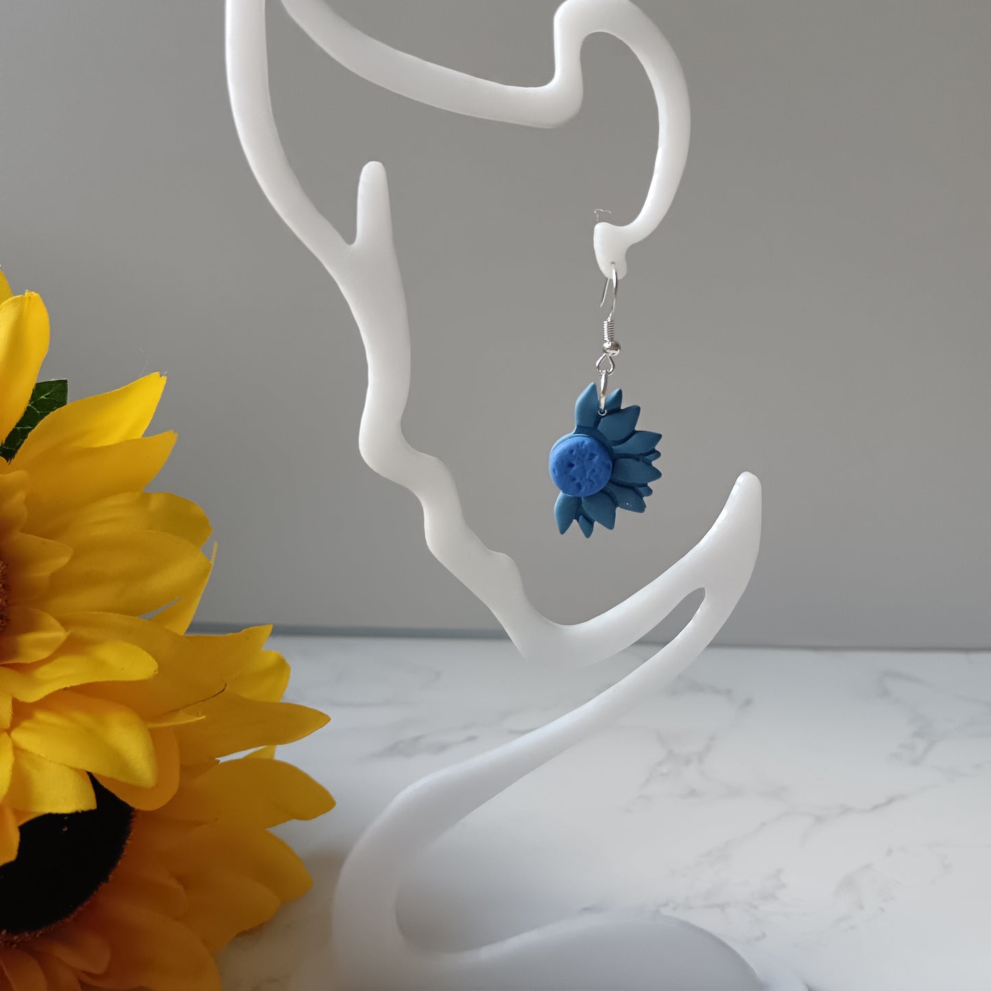 Blue Sunflower Dangle Hook Earrings