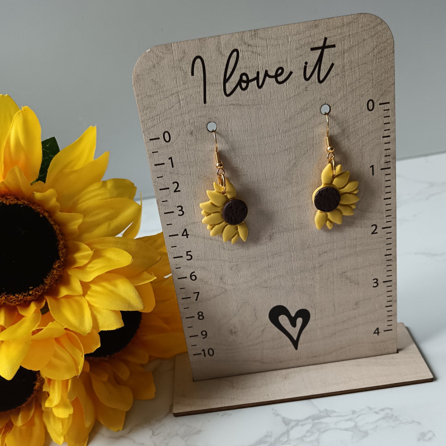 Half Sunflower Dangle Gold Hook Earrings