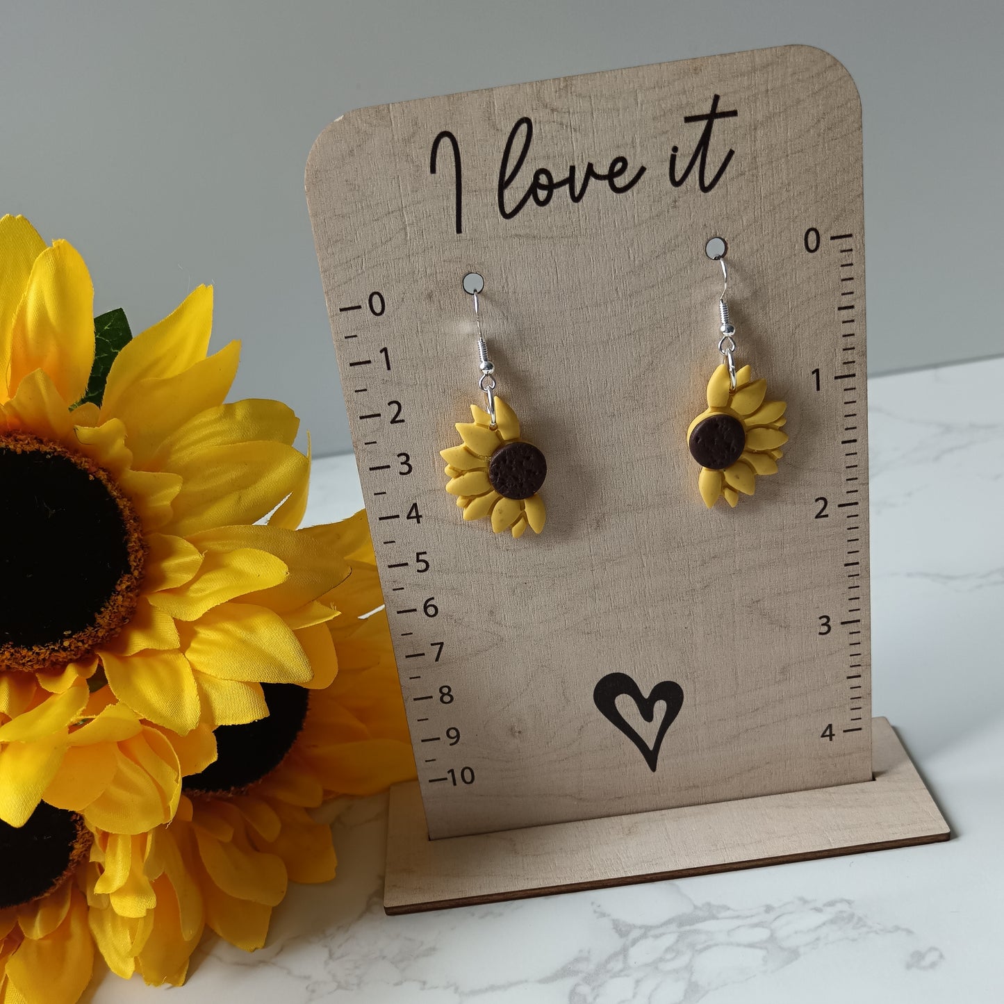 Half Sunflower Dangle Silver Hook Earrings