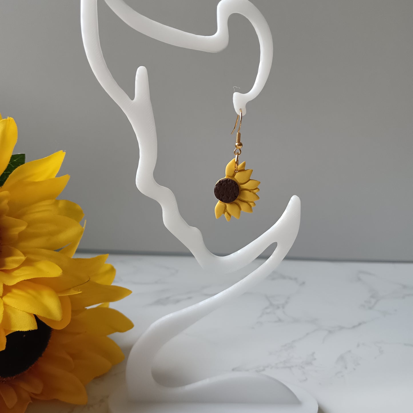 Half Sunflower Dangle Gold Hook Earrings