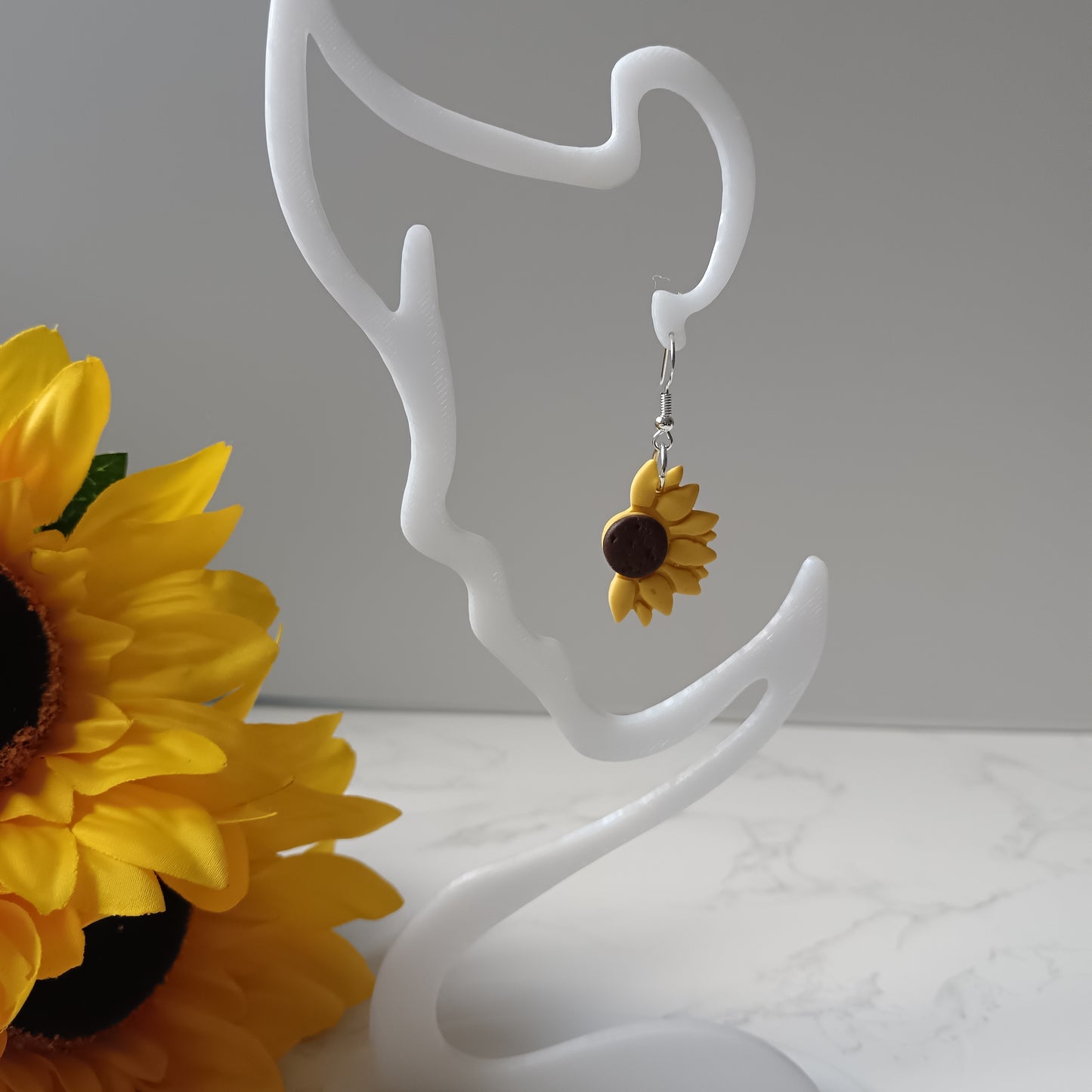 Half Sunflower Dangle Silver Hook Earrings
