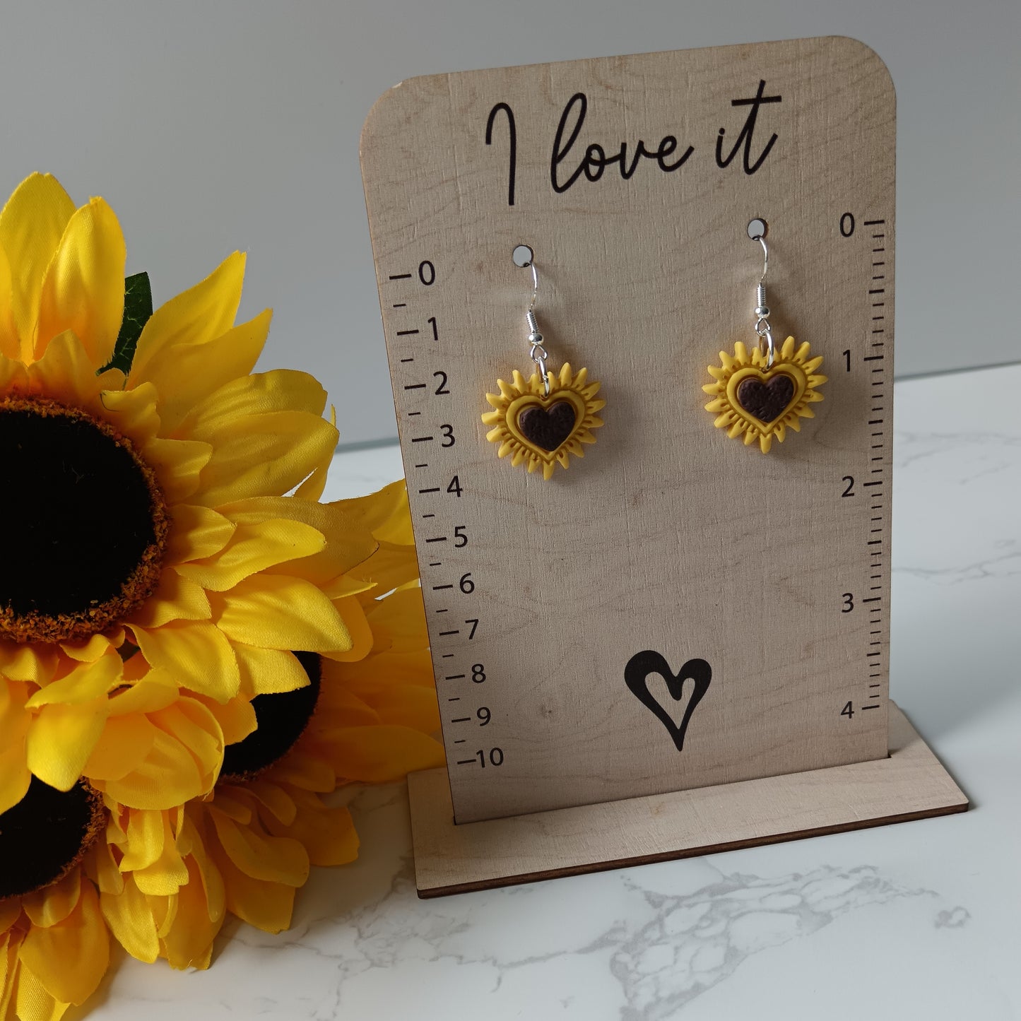 Heart Sunflower Dangle Silver Hook Earrings
