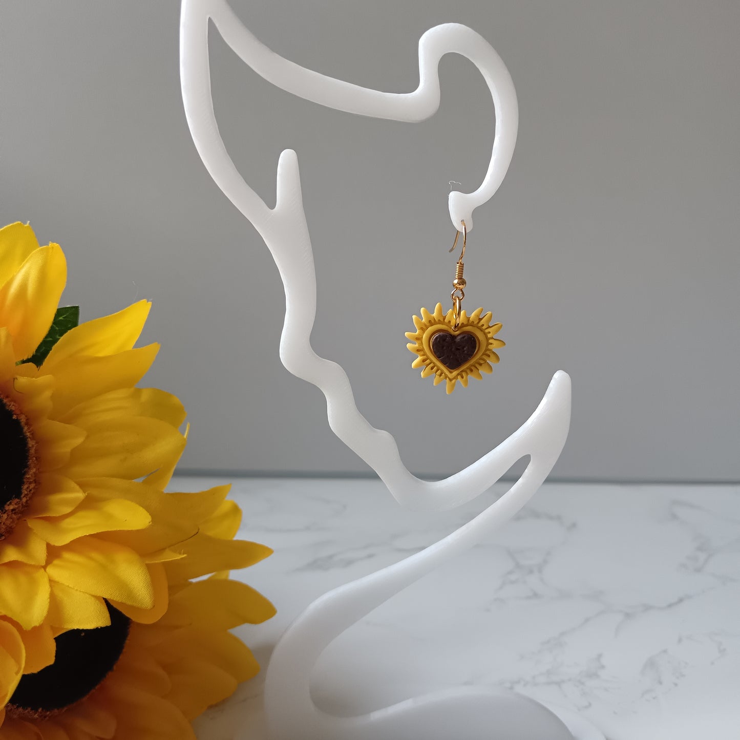 Heart Sunflower Dangle Gold Hook Earrings