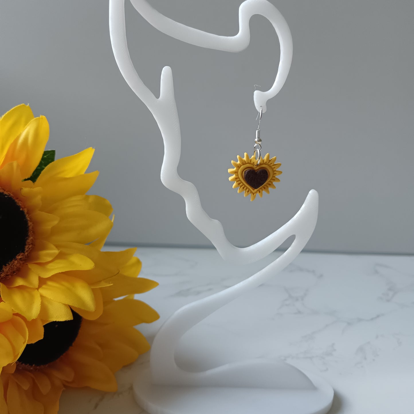 Heart Sunflower Dangle Silver Hook Earrings
