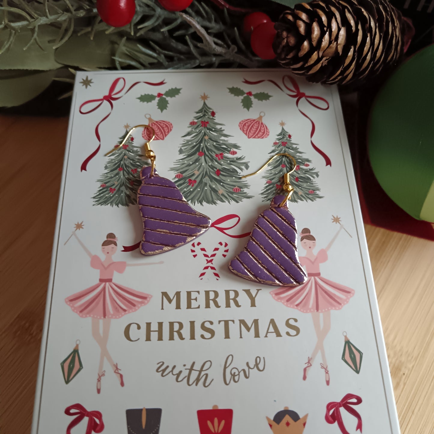 Christmas Bell Purple & Gold Hook Earrings
