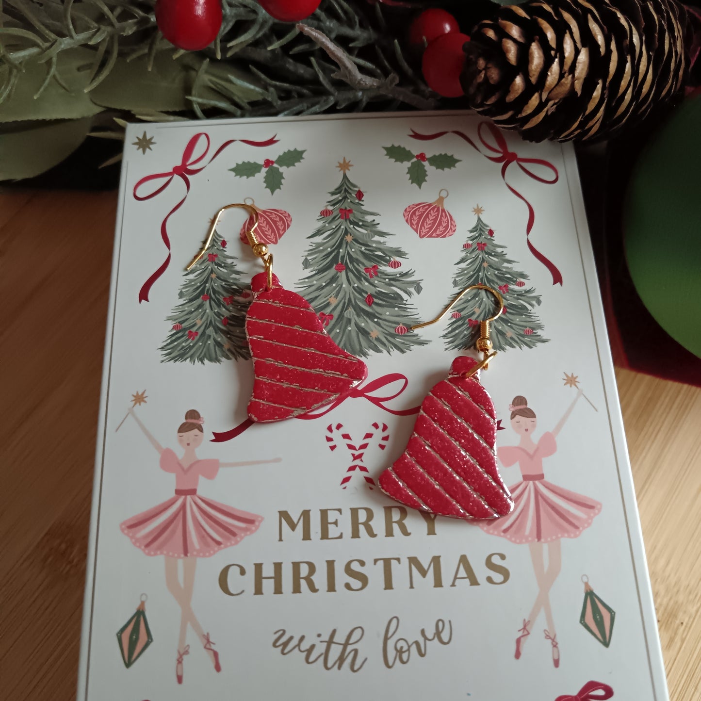 Christmas Bell Red & Gold Hook Earrings