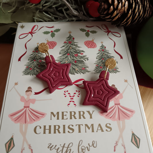 Christmas Star Bauble Burgundy & Gold Dangle Stud Earrings