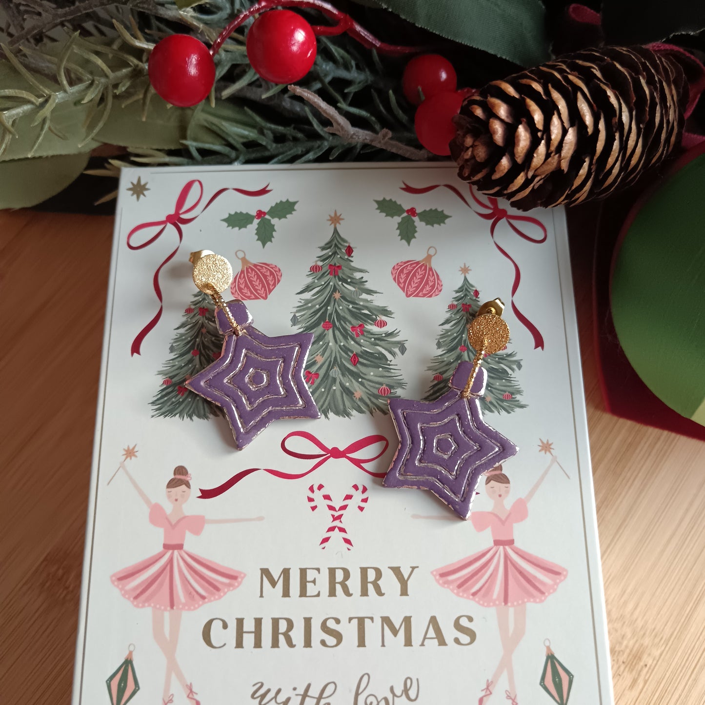 Christmas Star Bauble Purple & Gold Dangle Stud Earrings