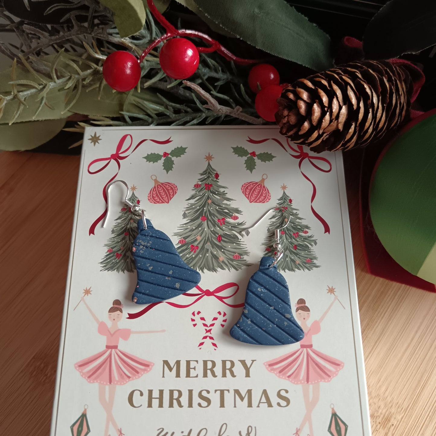 Christmas Bell Navy Blue & Silver Hook Earrings