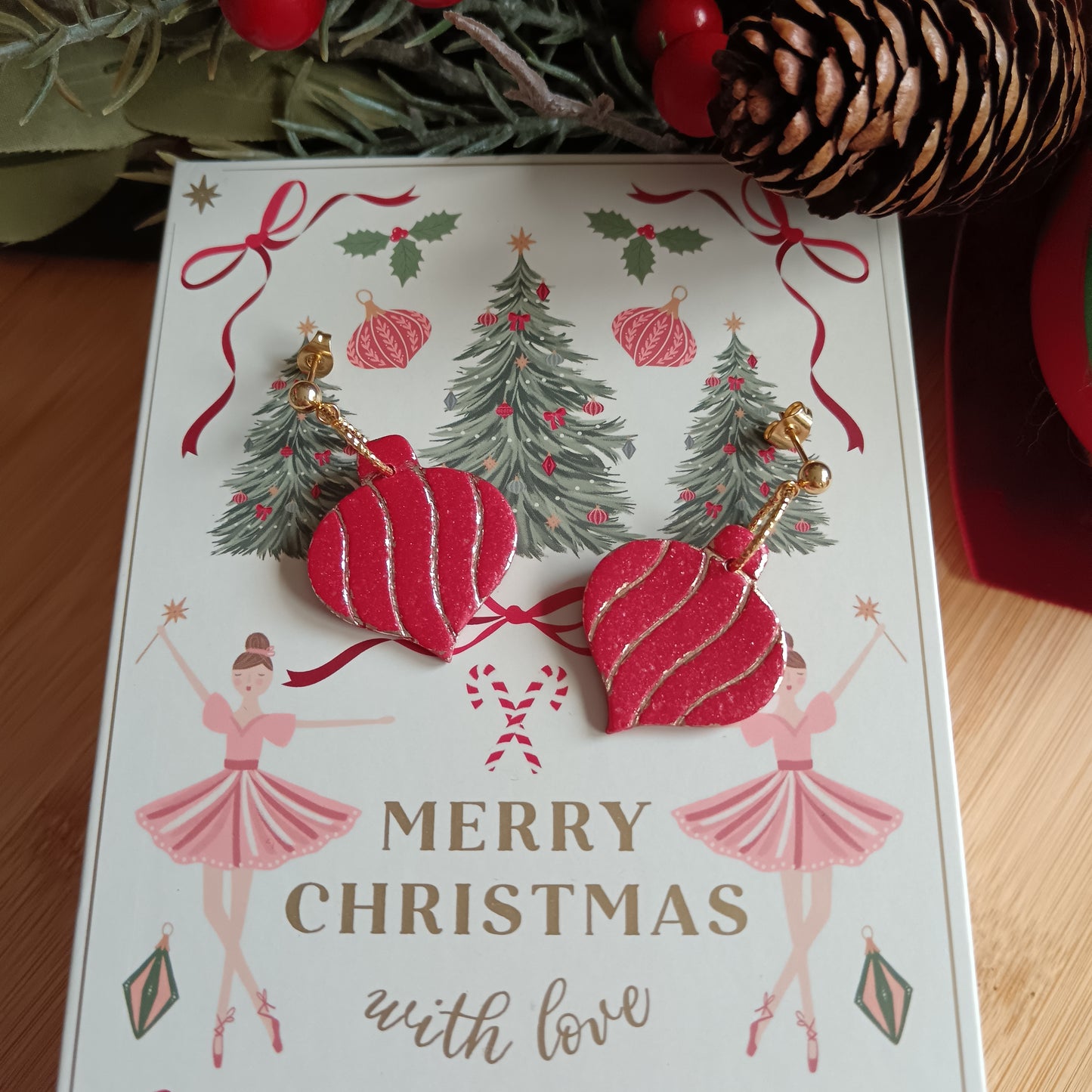 Christmas Pointy Bauble Red & Gold Dangle Stud Earrings