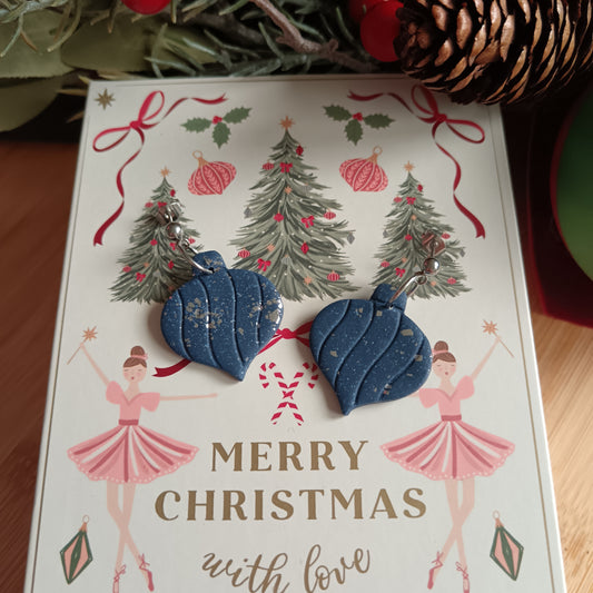 Christmas Pointy Bauble Navy Blue & Silver Dangle Stud Earrings