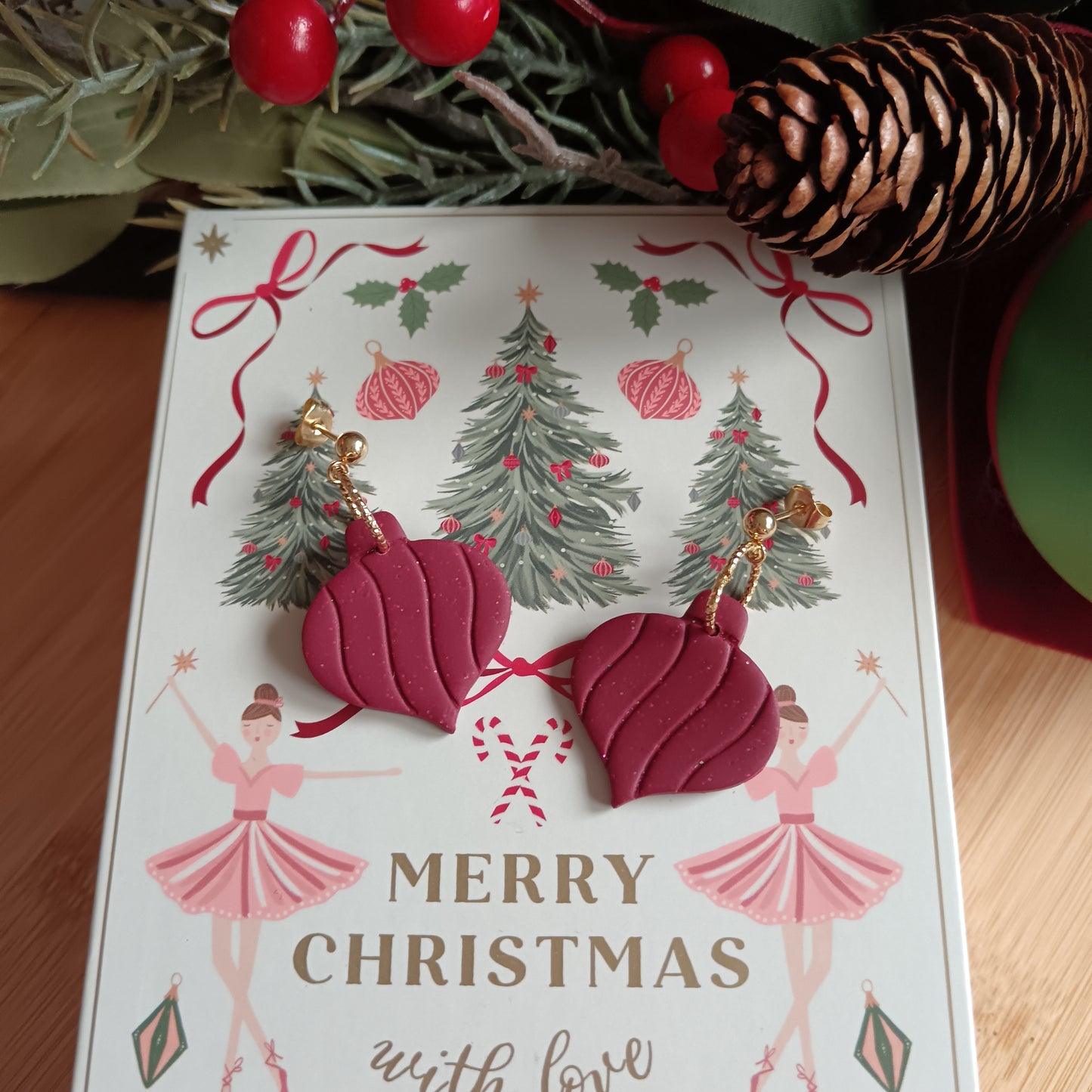Christmas Pointy Bauble Burgundy & Gold Dangle Stud Earrings