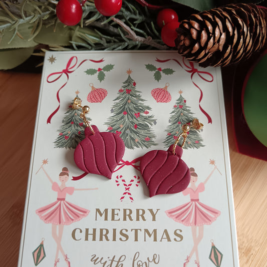 Christmas Pointy Bauble Burgundy & Gold Dangle Stud Earrings