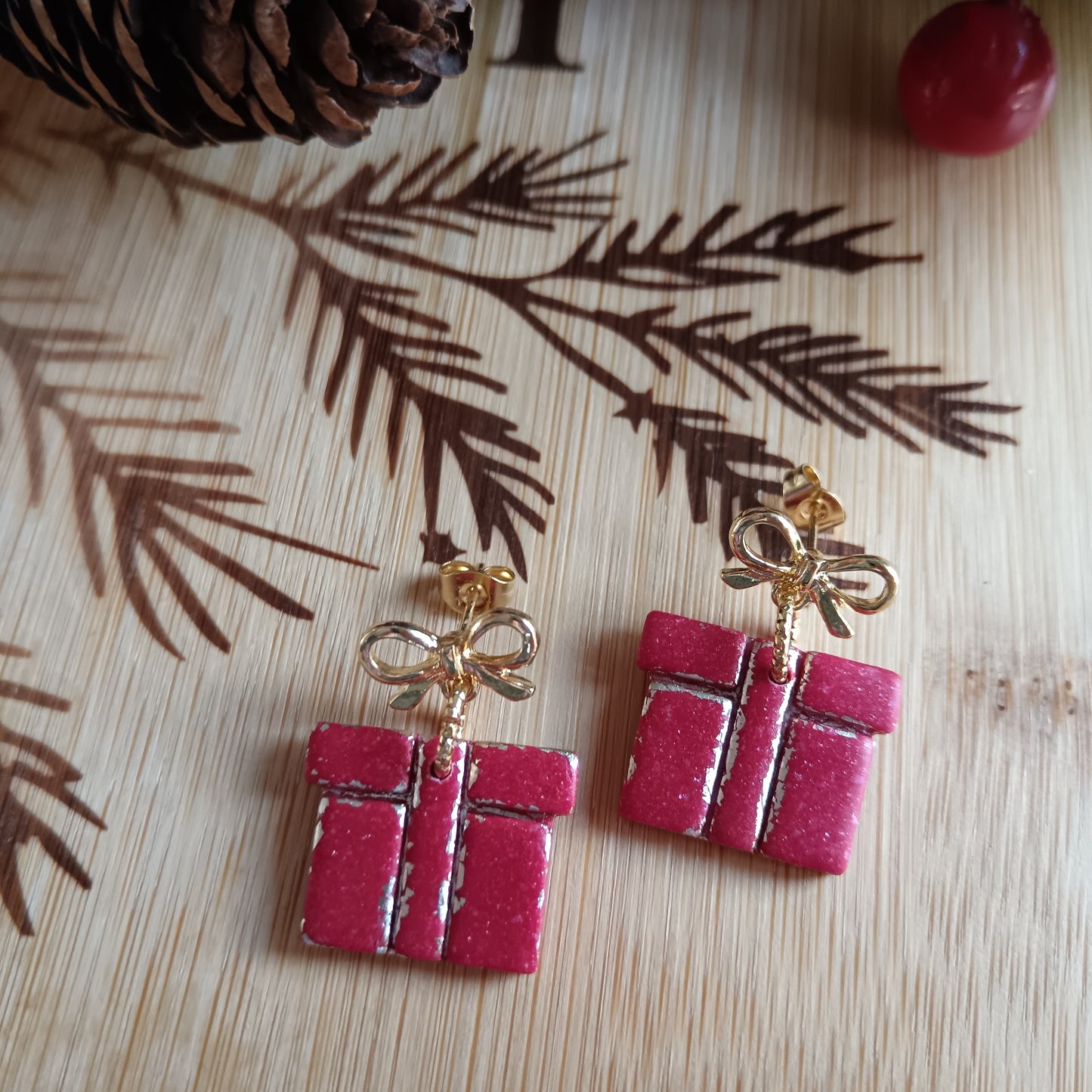Christmas Present Red & Gold Dangle Stud Earrings