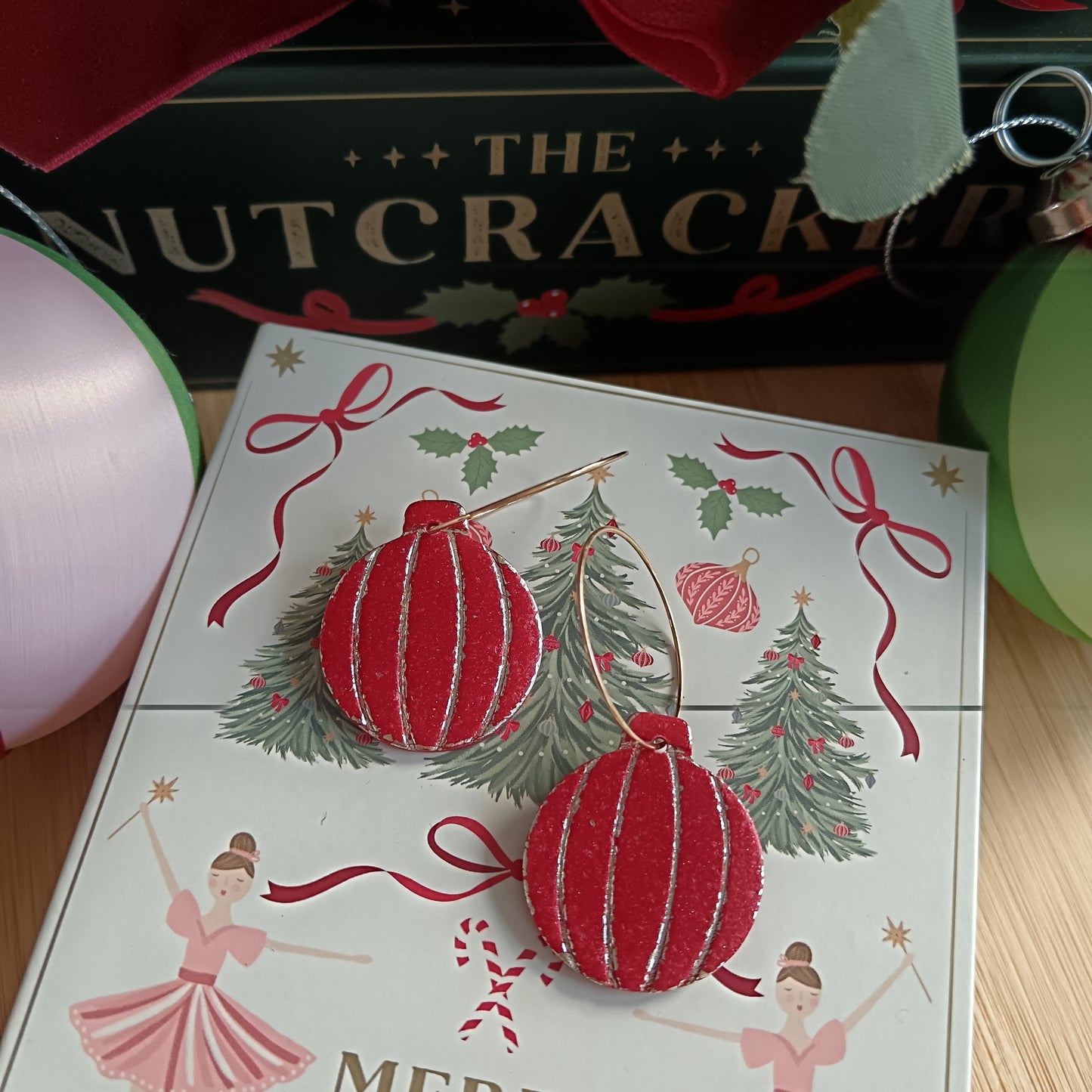 Christmas Round Bauble Red & Gold Hoop Earrings