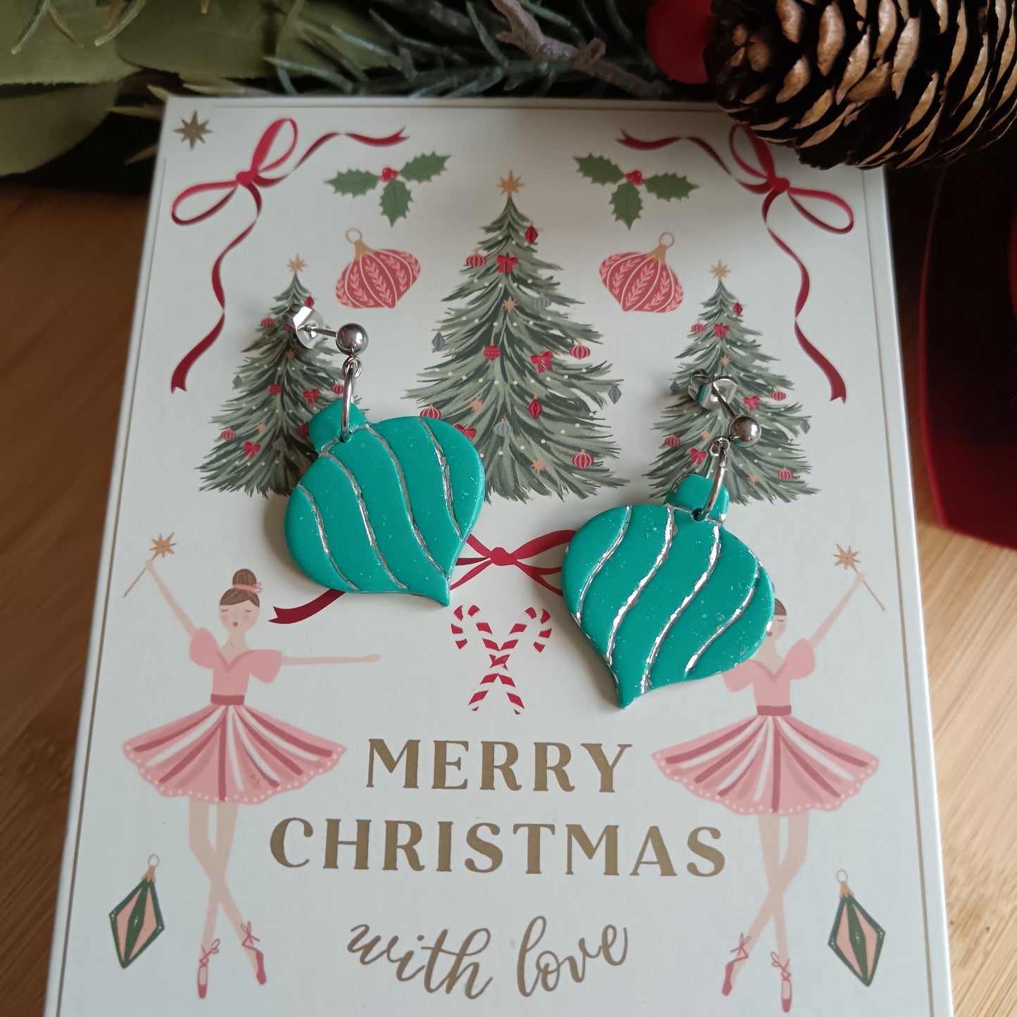 Christmas Pointy Bauble Turquoise & Silver Dangle Stud Earrings