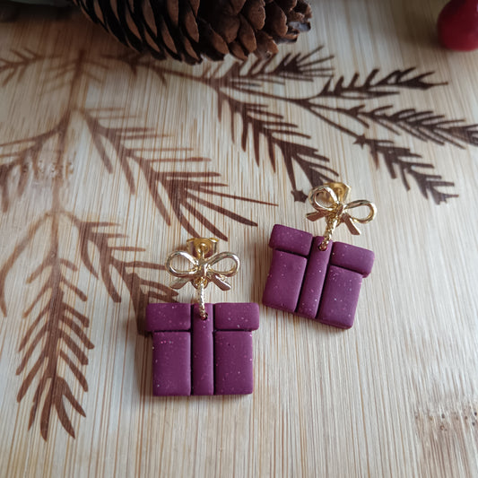 Christmas Present Burgundy & Gold Dangle Stud Earrings