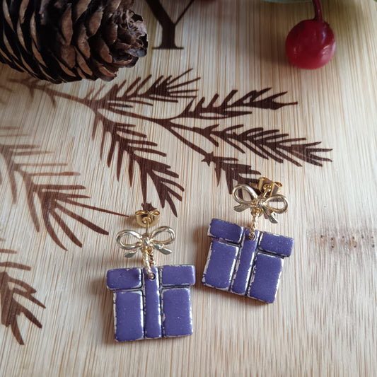 Christmas Present Purple & Gold Dangle Stud Earrings