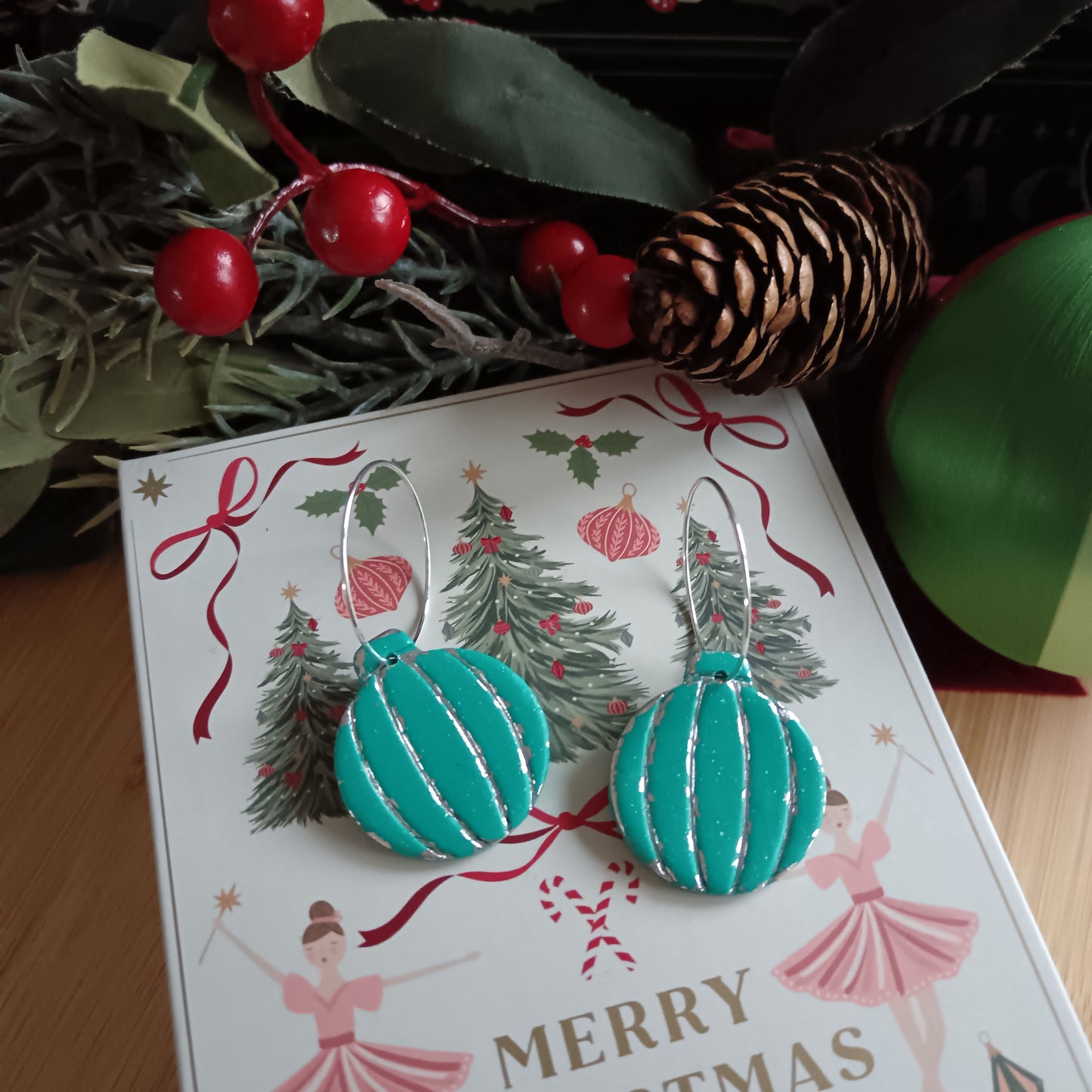 Christmas Round Bauble Turquoise & Silver Hoop Earrings