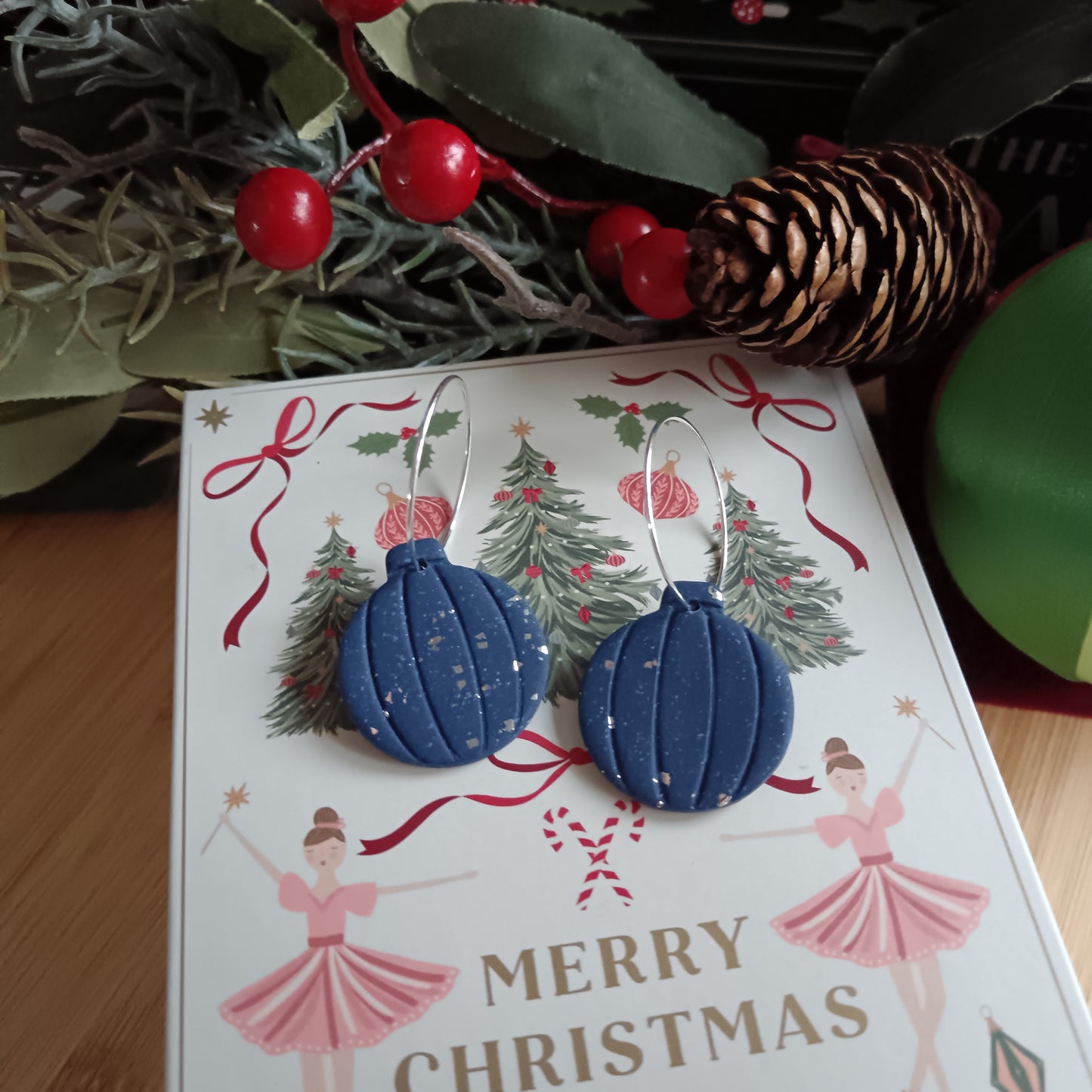 Christmas Round Bauble Navy Blue & Silver Hoop Earrings