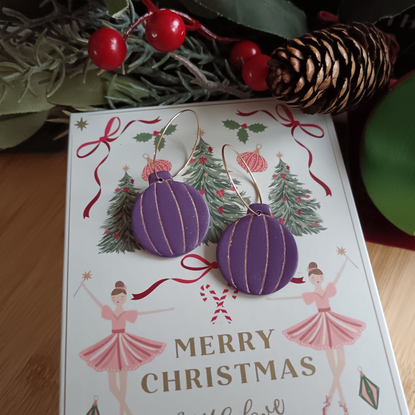 Christmas Round Bauble Purple & Gold Hoop Earrings