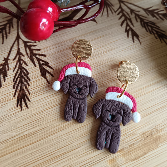 Christmas Chocolate Santa Dog Dangle Stud Earrings