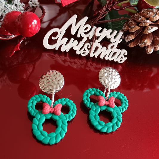 Christmas Wreath Silver Dangle Stud Earrings