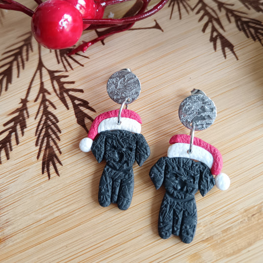 Christmas Black Santa Dog Dangle Stud Earrings