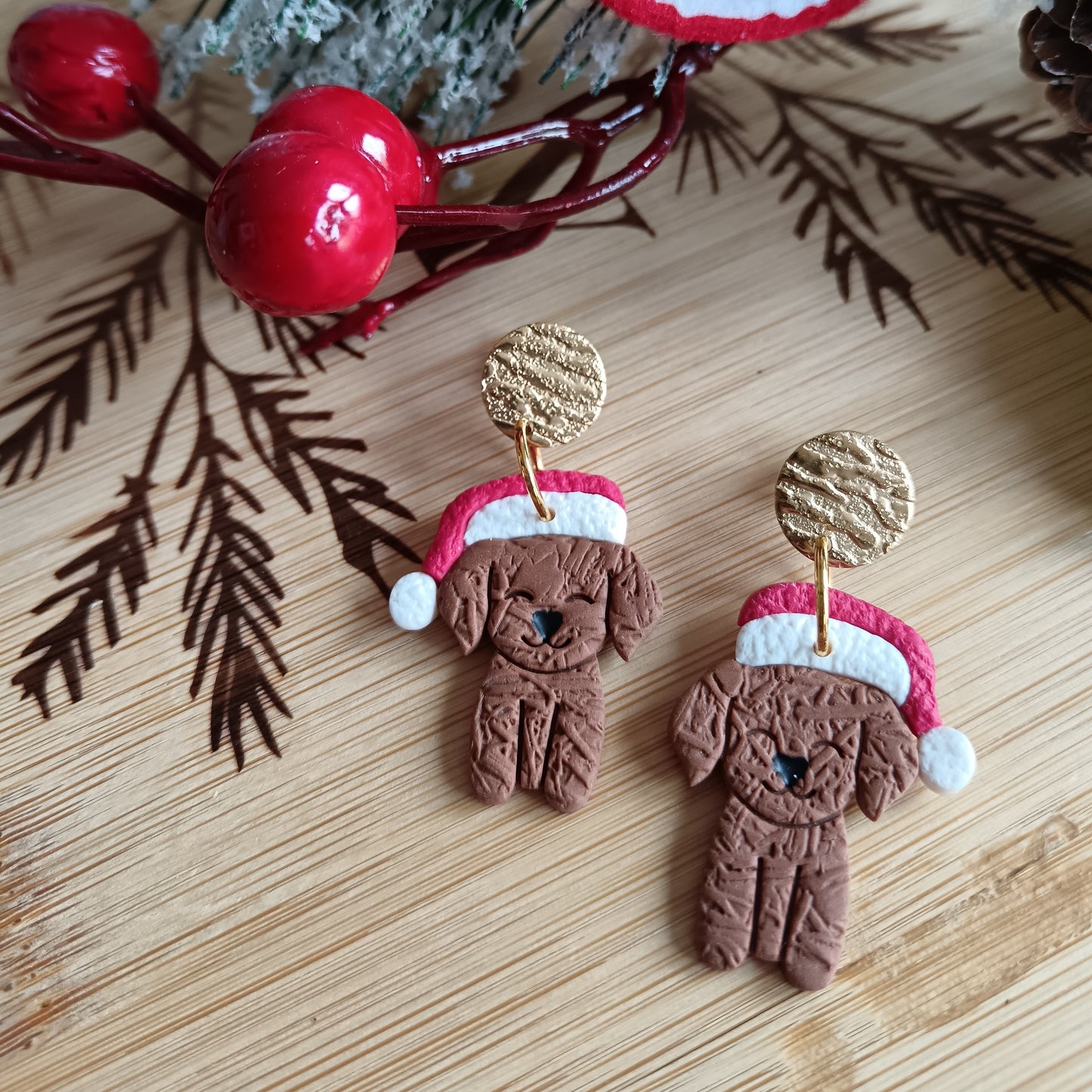 Christmas Caramel Santa Dog Dangle Stud Earrings