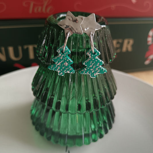 Mini Christmas Tree Silver Star Dangle Stud Earrings