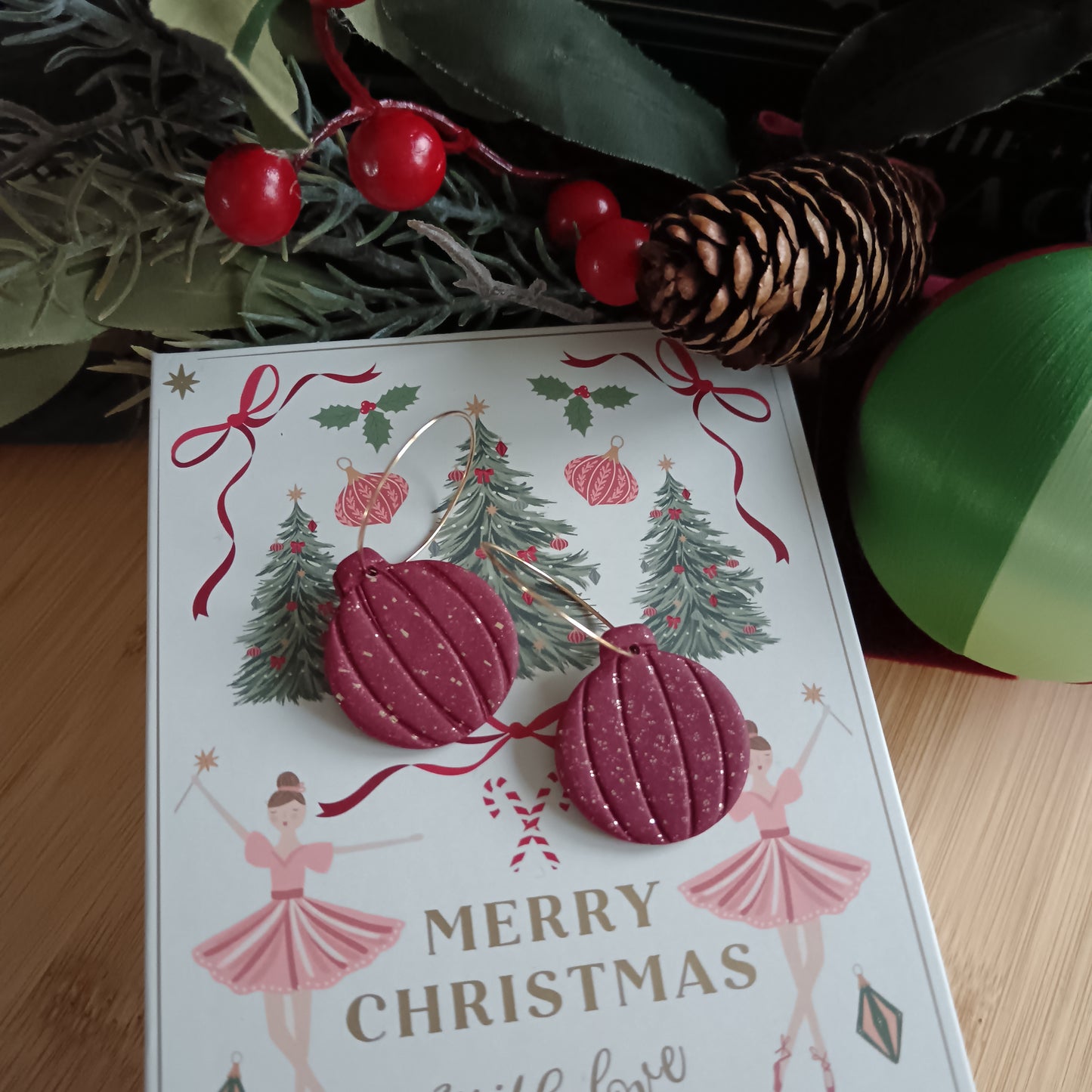 Christmas Round Bauble Burgundy & Gold Hoop Earrings