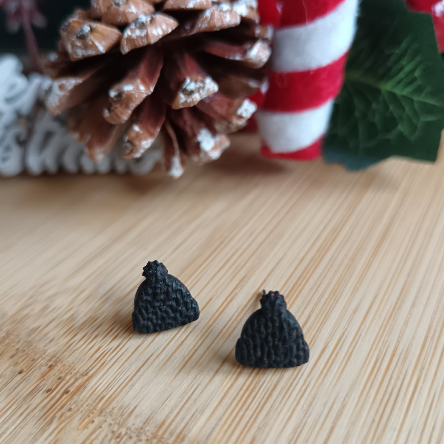 Bobble Hat Black Glitter Stud Earrings