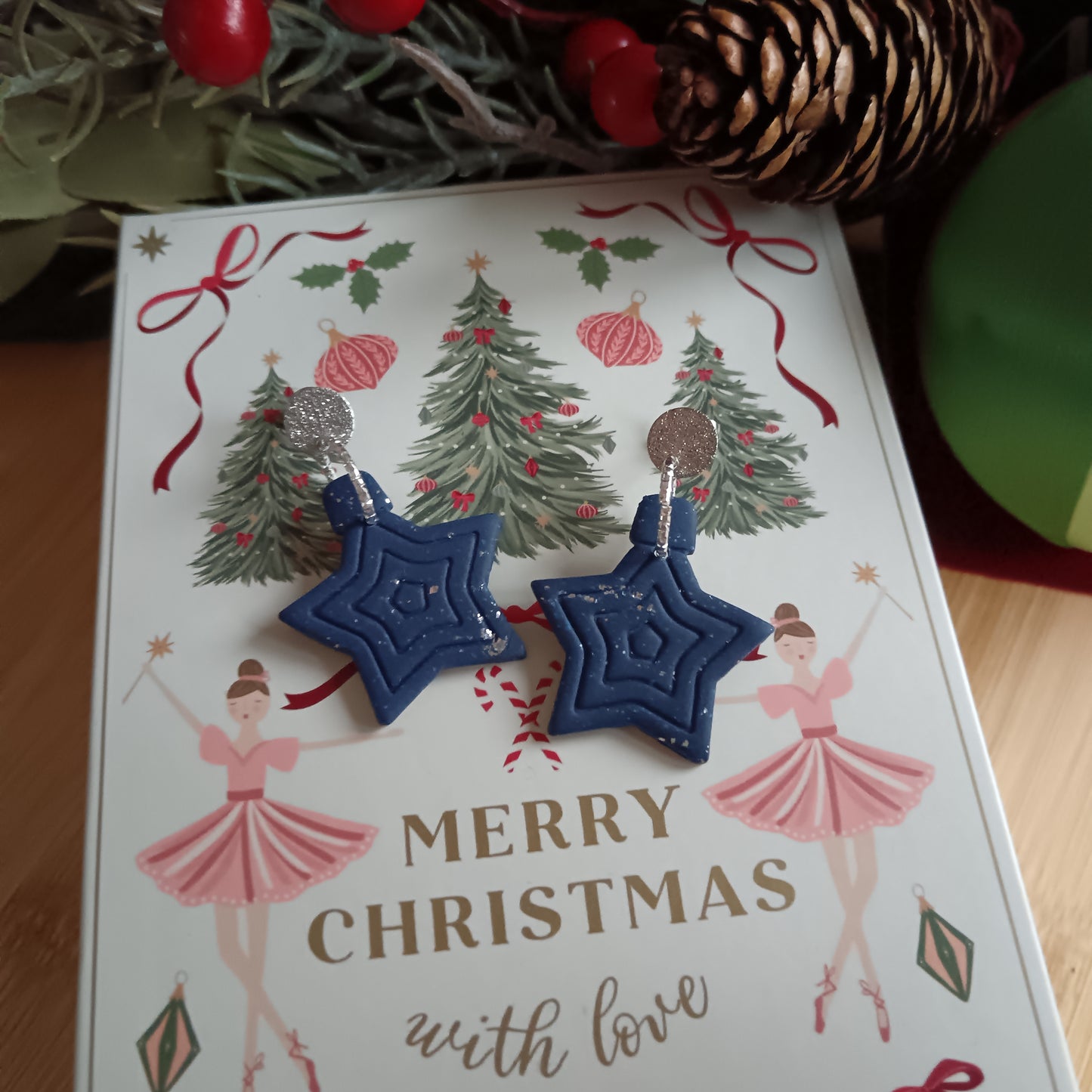 Christmas Star Bauble Navy Blue & Silver Dangle Stud Earrings