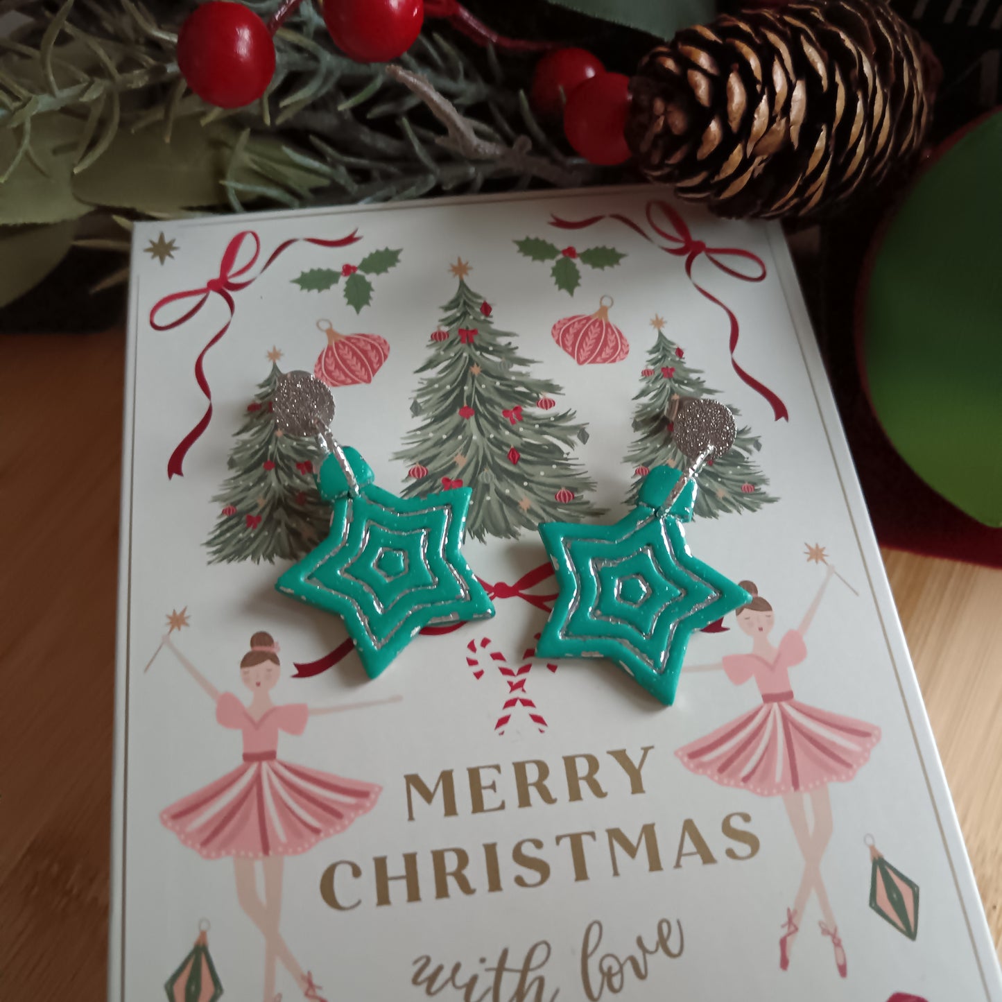 Christmas Star Bauble Turquoise & Silver Dangle Stud Earrings