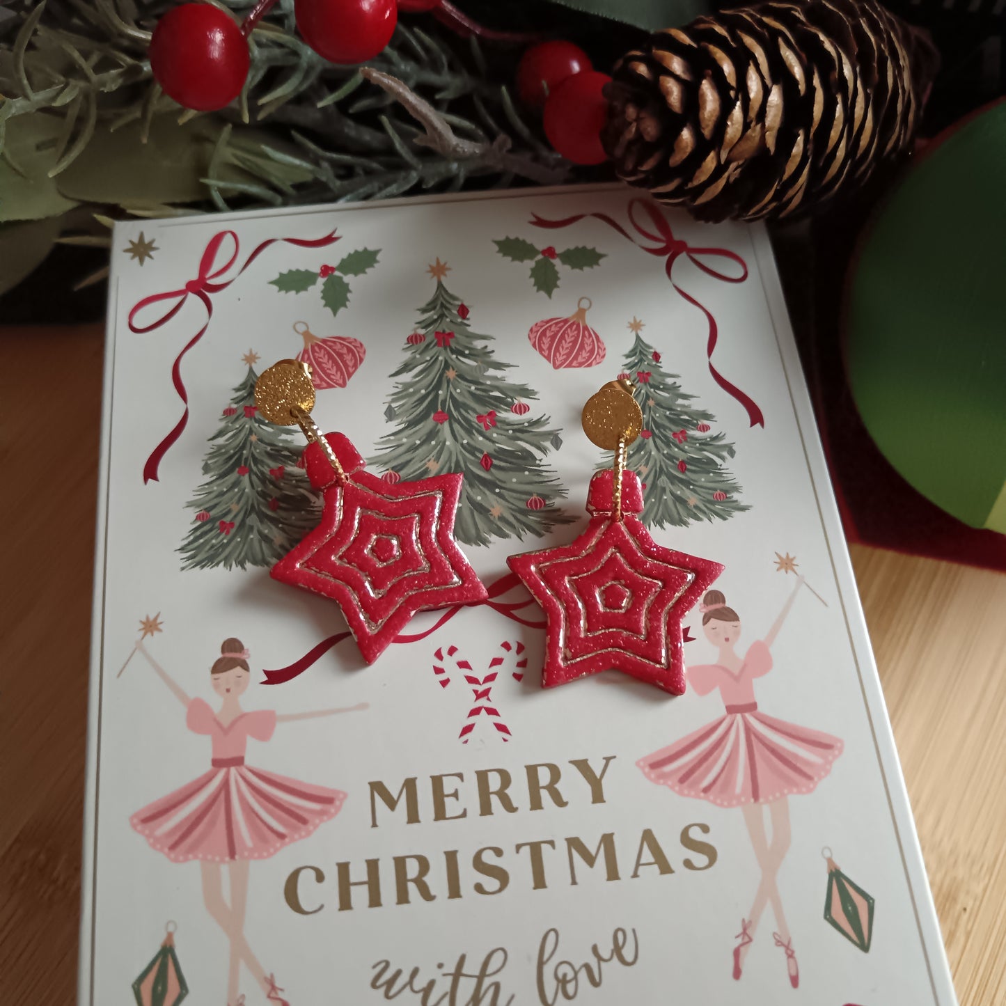 Christmas Star Bauble Red & Gold Dangle Stud Earrings